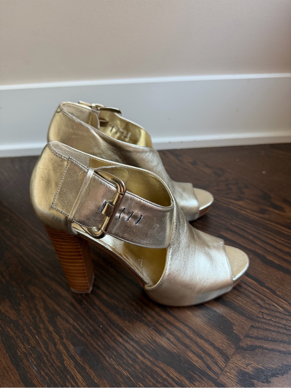 Nine West Gold High-Heel Peep-Toe Sandals with Buckle
